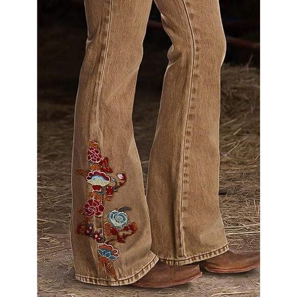Flamingals Women's Floral Embroidery Mid Waist High Stretch Bootcut Jeans XL - Picture 3 of 8